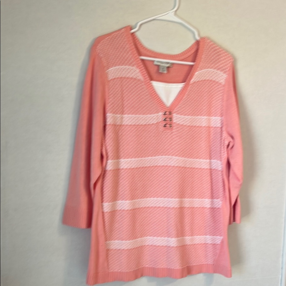 Christopher & Banks V-Neck 3/4 Sleeve Pink & White Waffle Knit Sweater Size XL